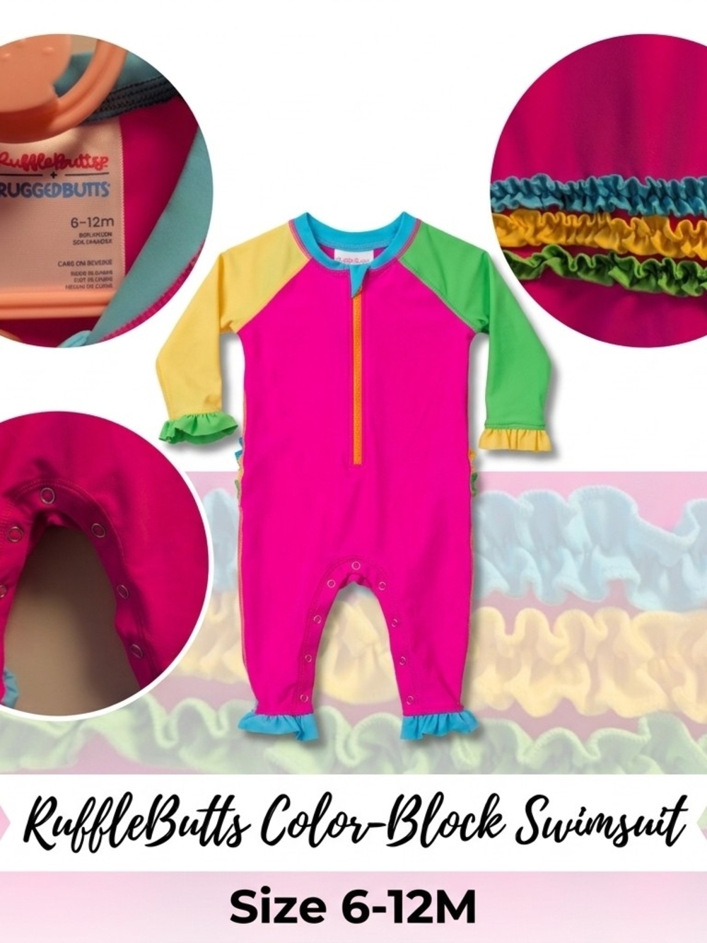 RuffleButts Long Sleeve One-Piece Rash Guard Swimsuit - Color Block 6-12M
